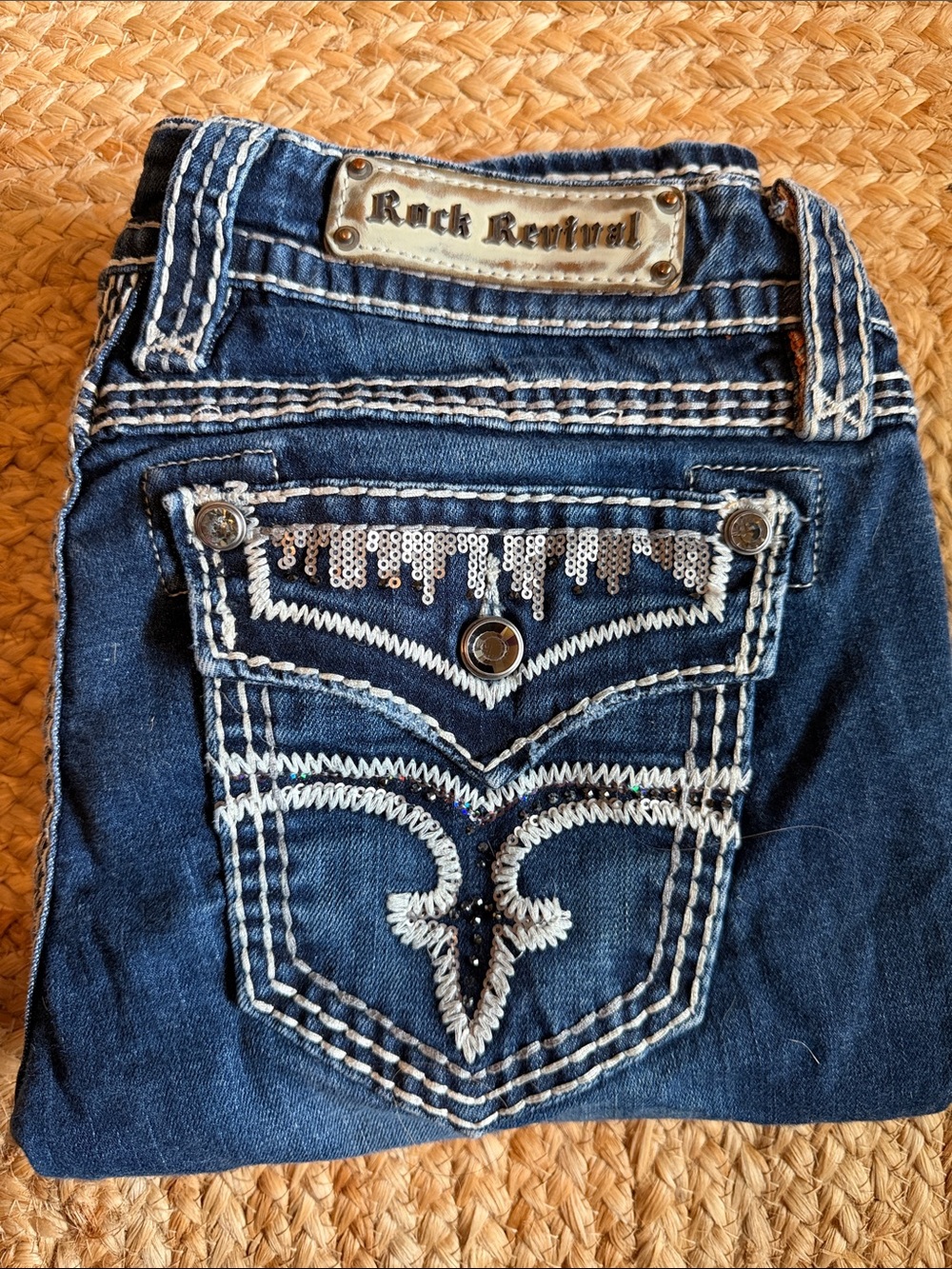 Rock Revival Dark Blue Bootcut Jeans with Sequin Embellished Pocket